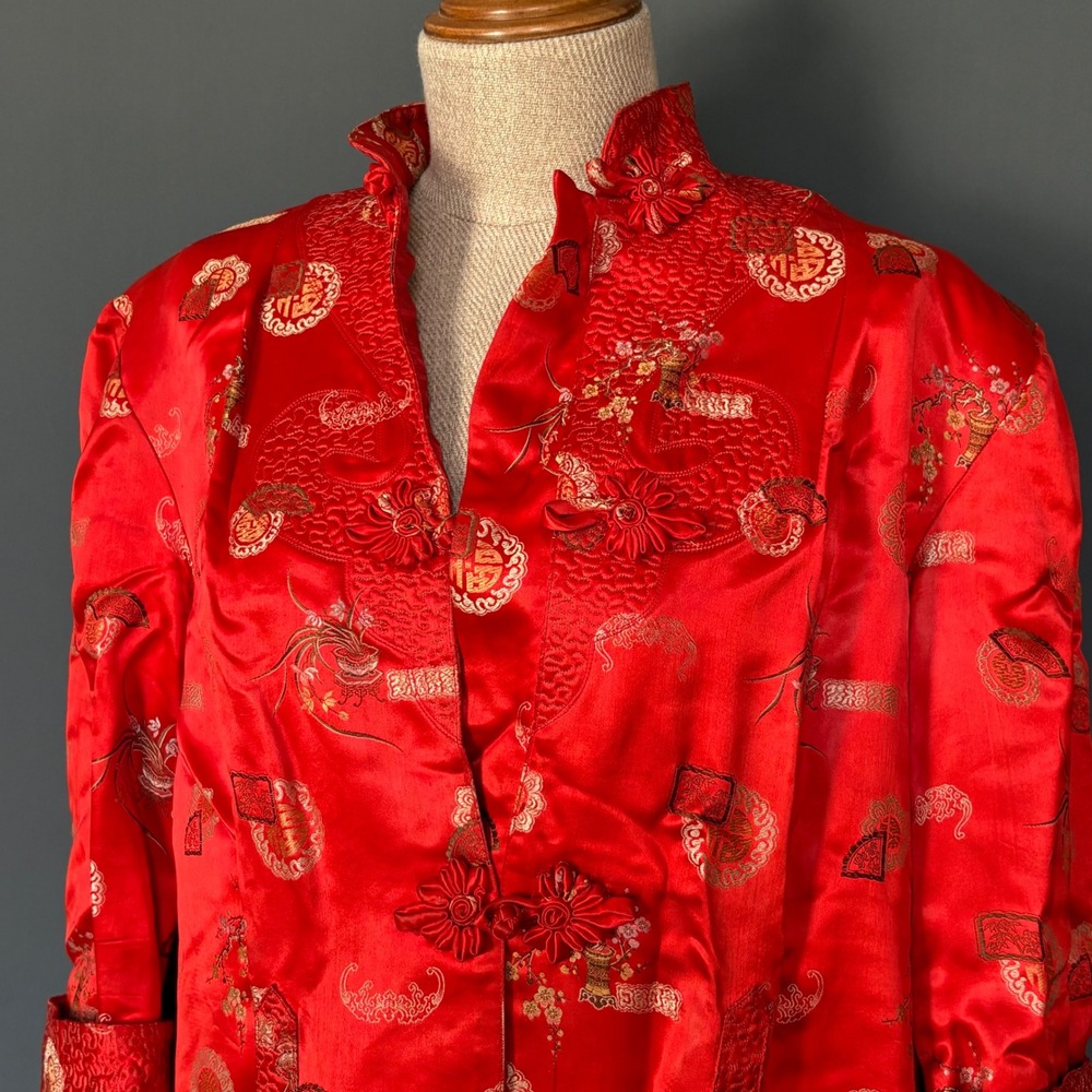 Vintage 1950s Chinese Cheongsam Kimono Robe Duster | Sz M/L | Red Mandarin RARE